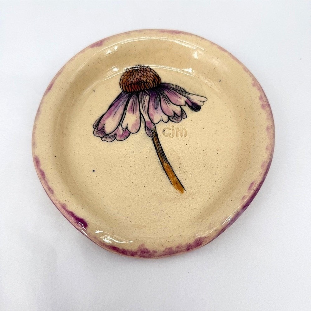 CJM Pottery Spoon Rest Dish Echinacea Floral Handmade Ceramic Kitchen Decor